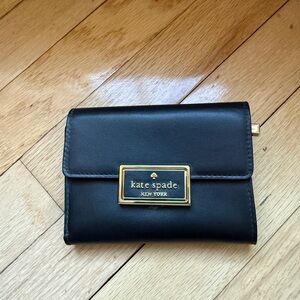 Kate Spade Tri-Fold Black Leather Wallet with Gold Hardware